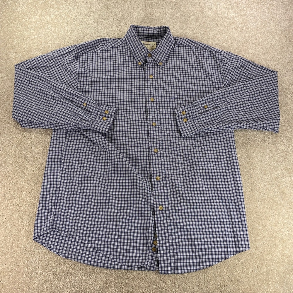 Eddie Bauer Button Down Shirt Mens Medium Blue Micro Check Gingham Cotton Long